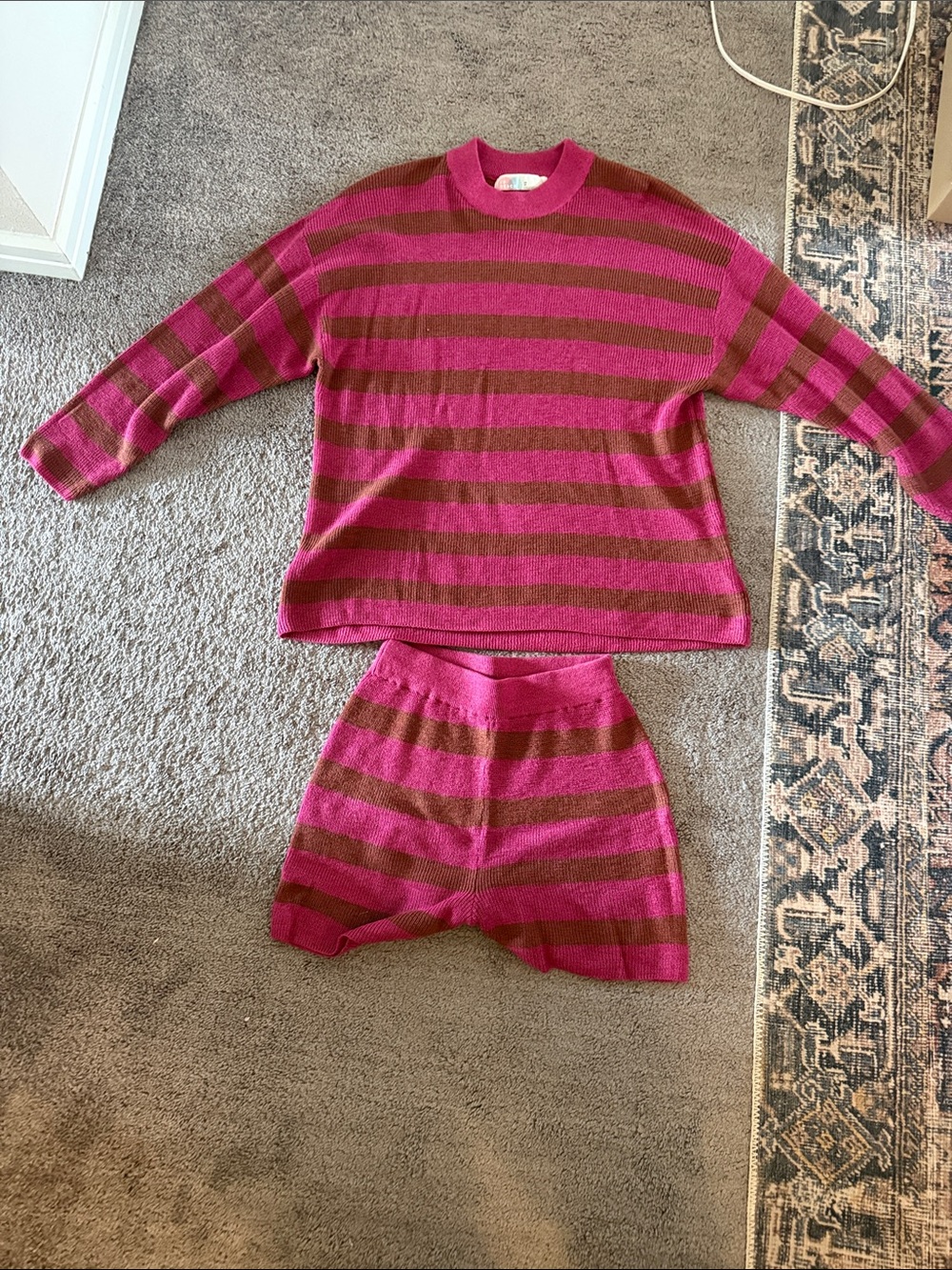 Womens Striped Pink & Brown Pajama Set